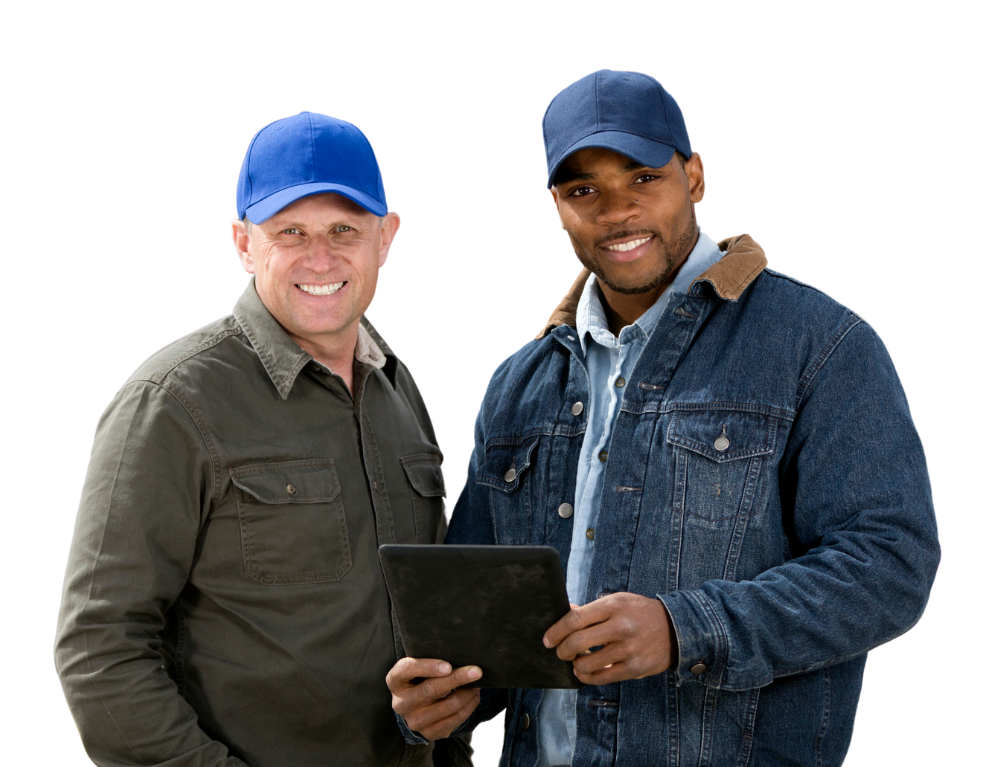 Two men smiling with caps on