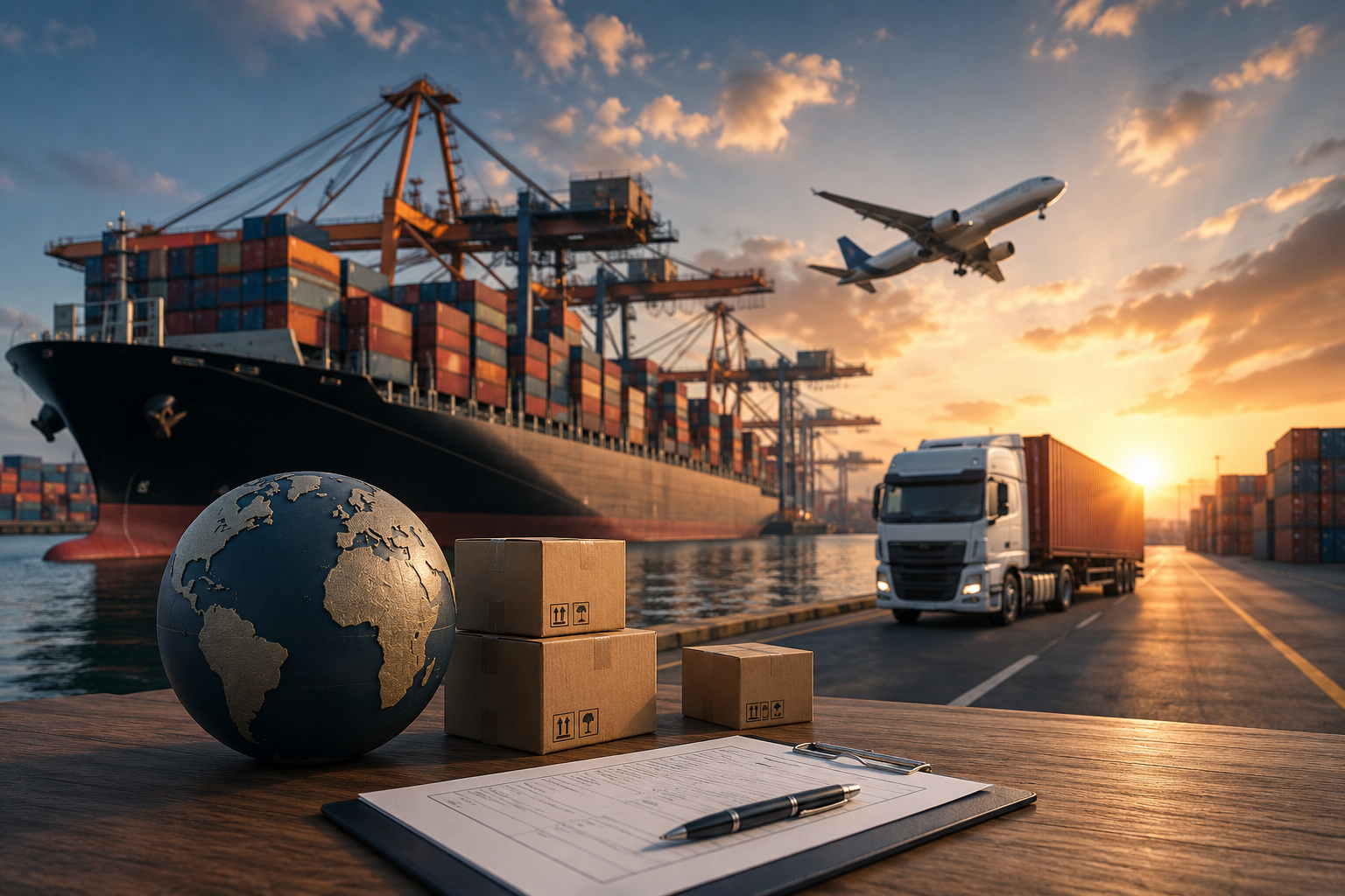 Container ship, truck and cargo documents at a busy port with an aircraft overhead representing freight rates, import compliance and global logistics.