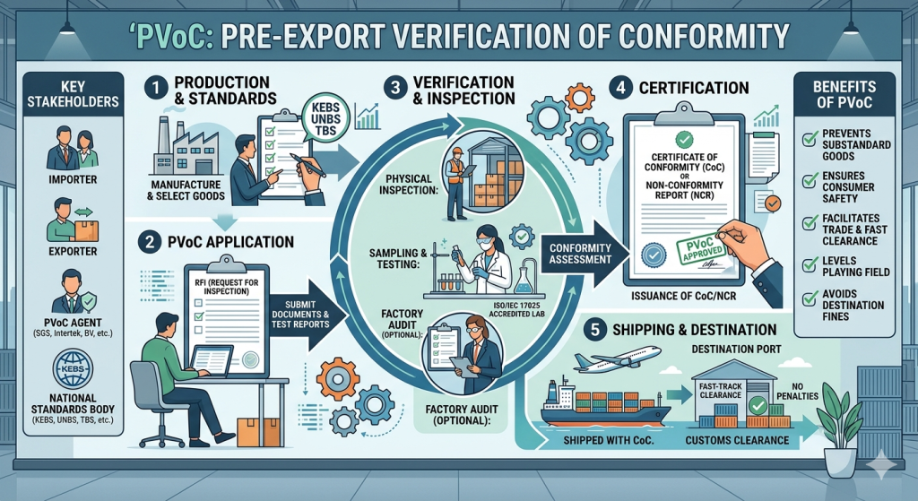 Infographic explaining South Africa’s PVoC import compliance requirements for goods imported from China including Certificates of Conformity, shipment risks and importer action steps.