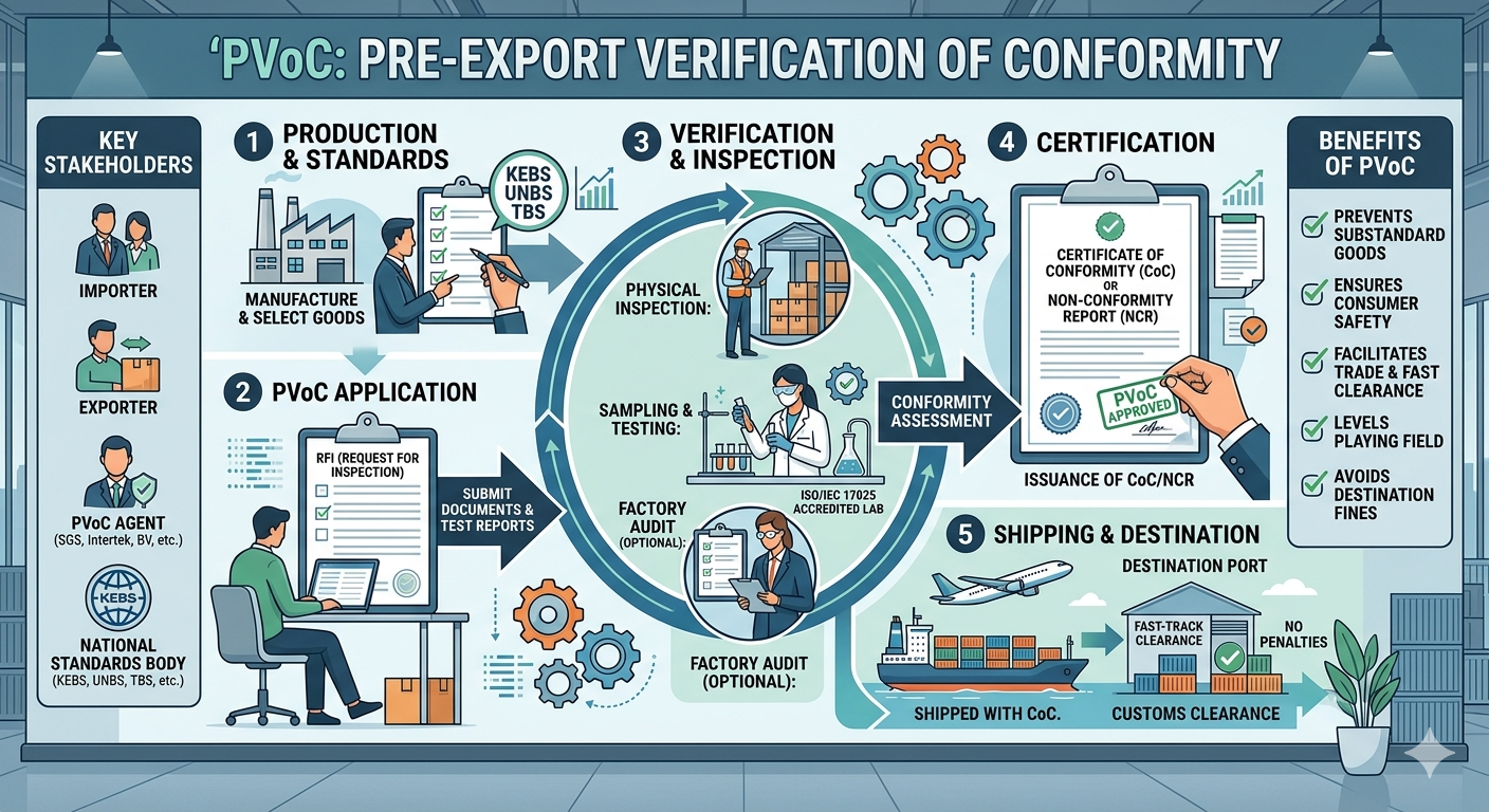 Infographic explaining South Africa’s PVoC import compliance requirements for goods imported from China including Certificates of Conformity, shipment risks and importer action steps.